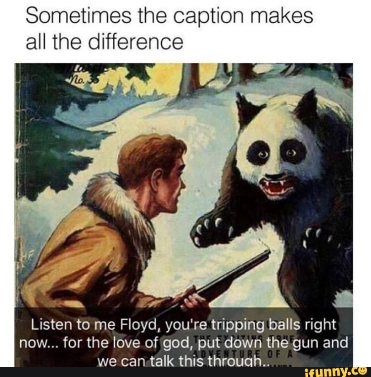 Sometimes the caption makes
all the difference
Listen to me Floyd, you're tripping balls right
now... for the love of god, put down the gun and
we can.talk this through.