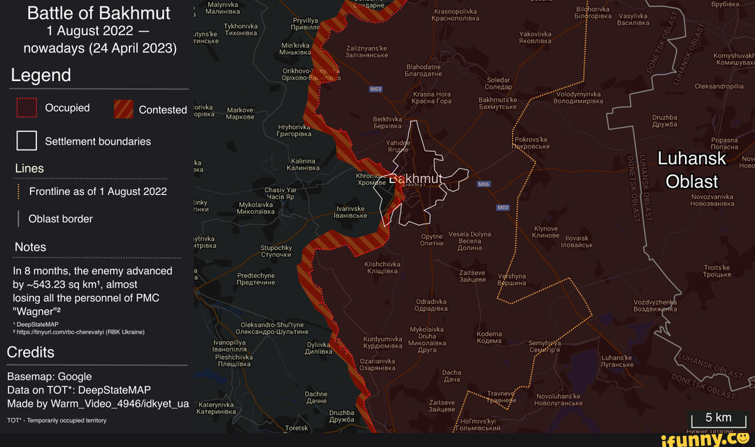 Bakhmut Comparison of the frontline at the beginning of the battle and