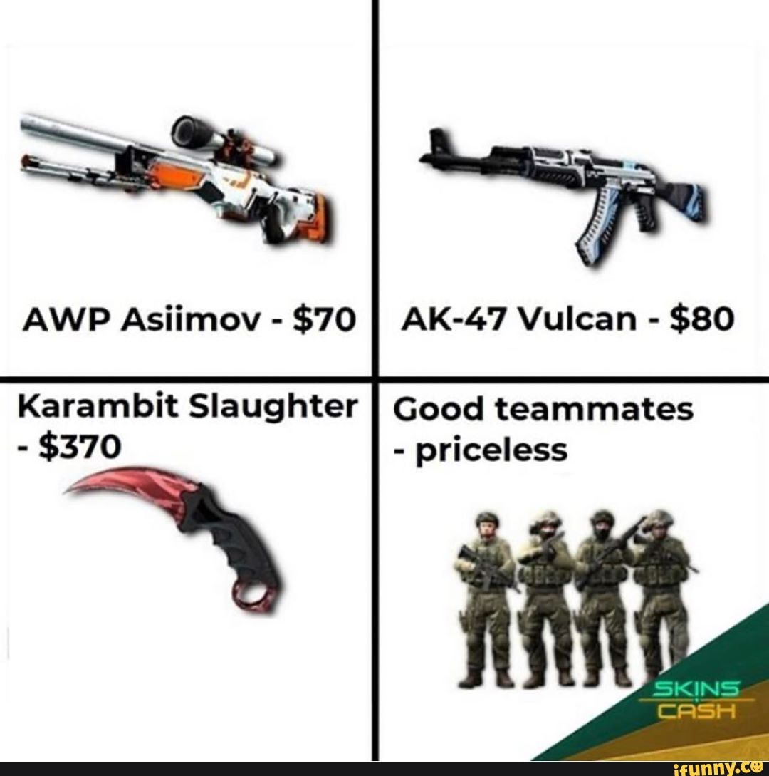 AWP Asiimov $70
I AK-47 Vulcan $80
Karambit Slaughter
I
Good teammates
$370
priceless