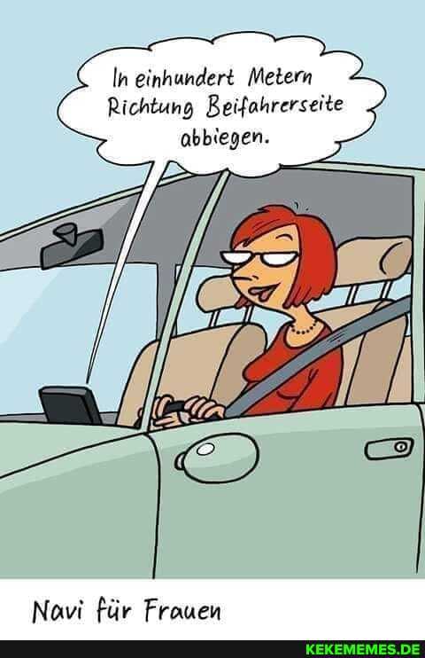 In einhundert Metern
Richtung Beifahrerseite abbiegen.
Navi für Frauen