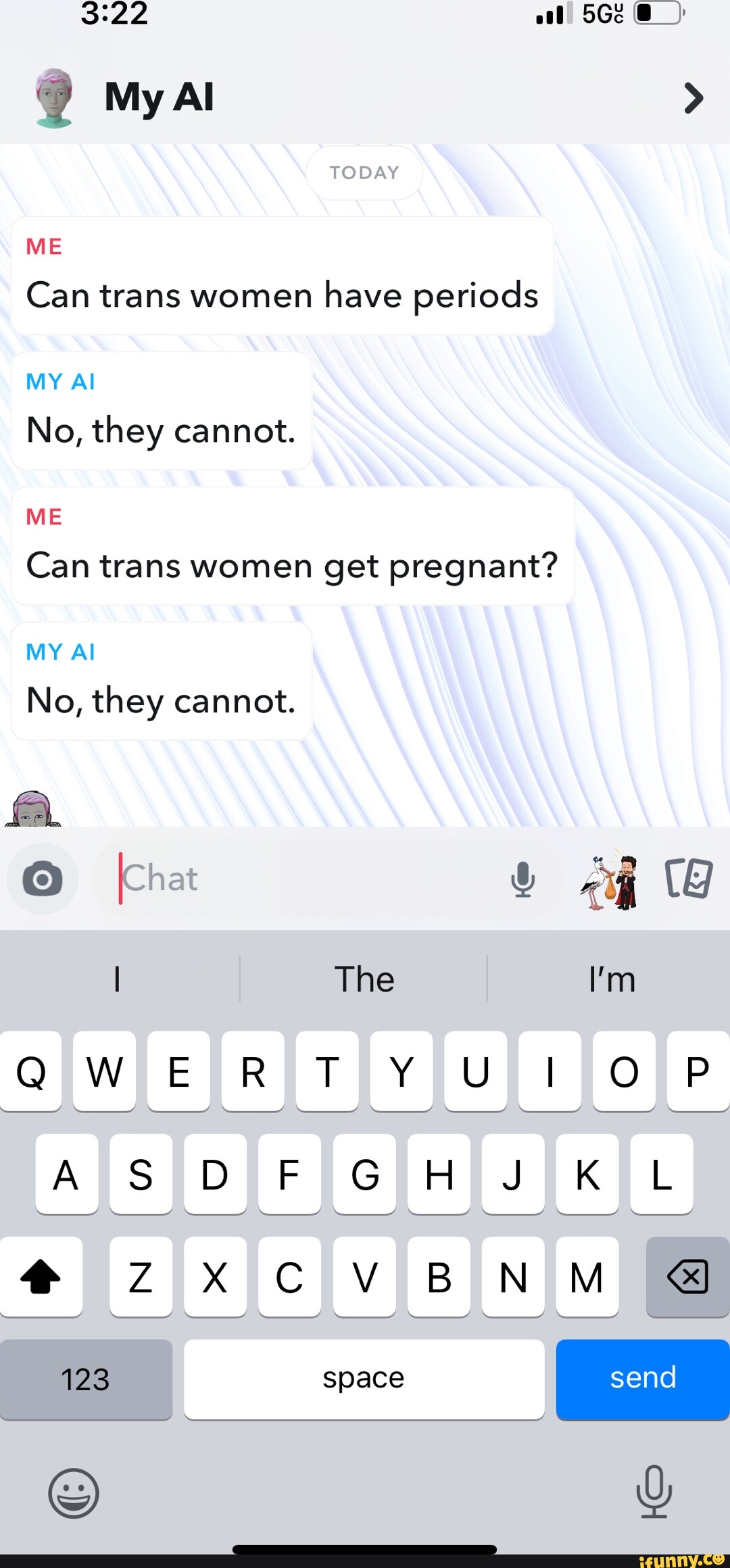 Al AD " TODAY ME Can trans women have periods Al No, they cannot. ME Can trans women get