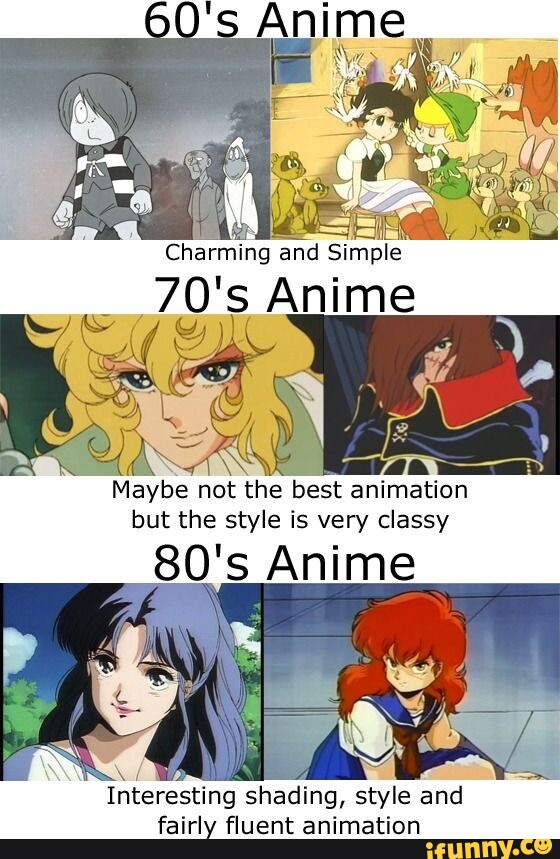 Charming and Simple 70's Anime Maybe not the best animation but the style  is very classy 80's Anime Interesting shading, style and fairly fluent  animation - )