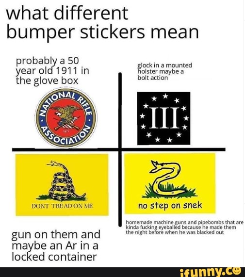 what different
bumper stickers mean
probably a 50.
year old 1911 in
Roster mayen
the glove box bolt action
DONT TREAD ON ME no step on snek
homemade machine guns and pipebombs that are
Finds fuking
evebalied because
he made them
gun on them and er obre ven he vs
blacked out
maybe an Ar in a