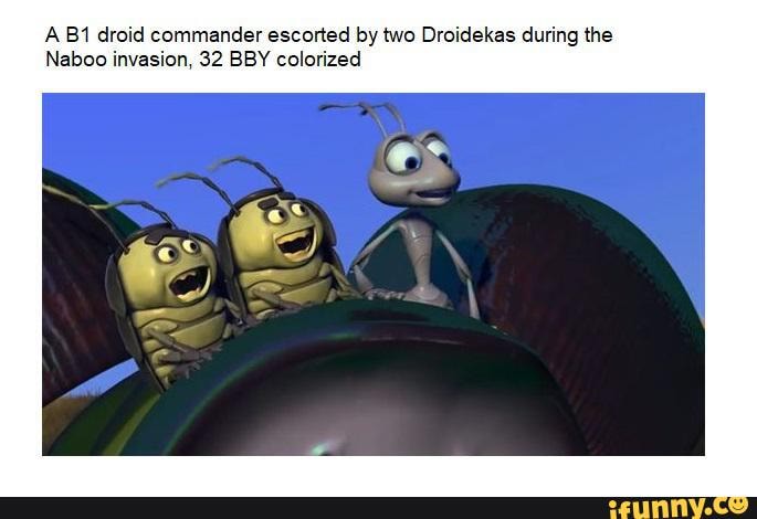A B11 droid commander escorted by two Droidekas during the
Naboo invasion, 32 BBY colorized