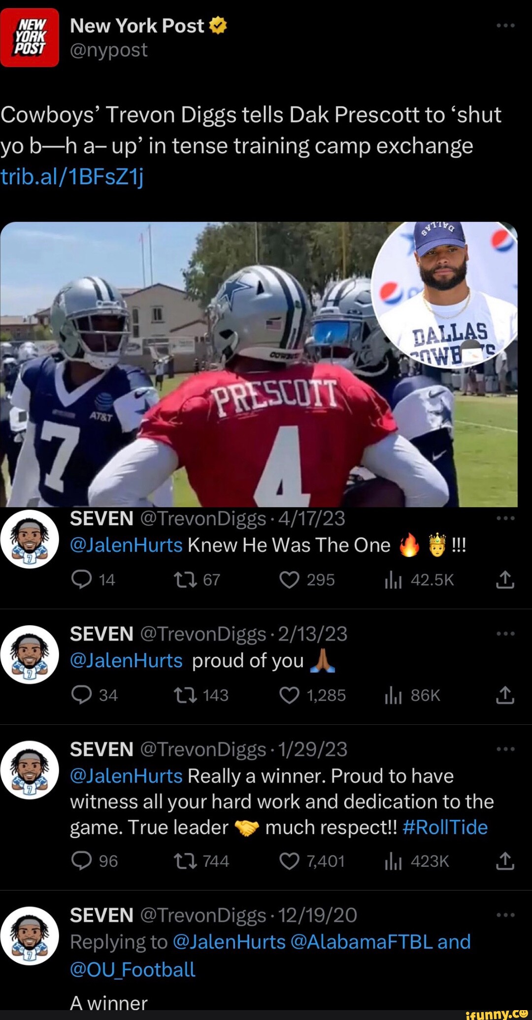 NY Post] Cowboys' Trevon Diggs tells Dak Prescott to 'shut yo b—h a– up' in  tense training camp exchange : r/nfl