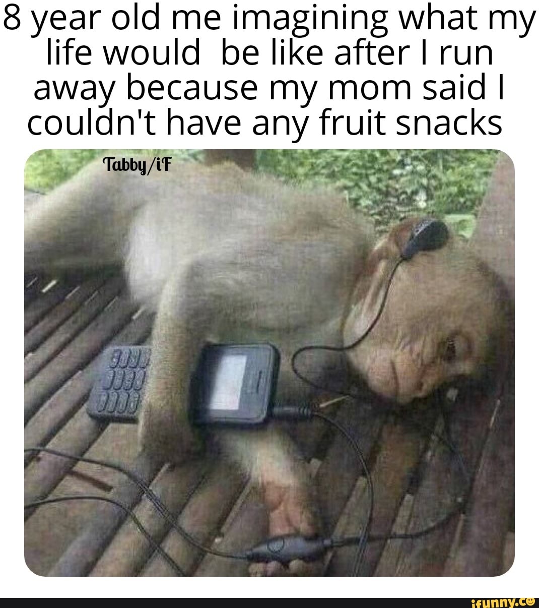8 year old me imagining what my
life would be like after I run
away because my mom said I
couldn't have any fruit snacks
