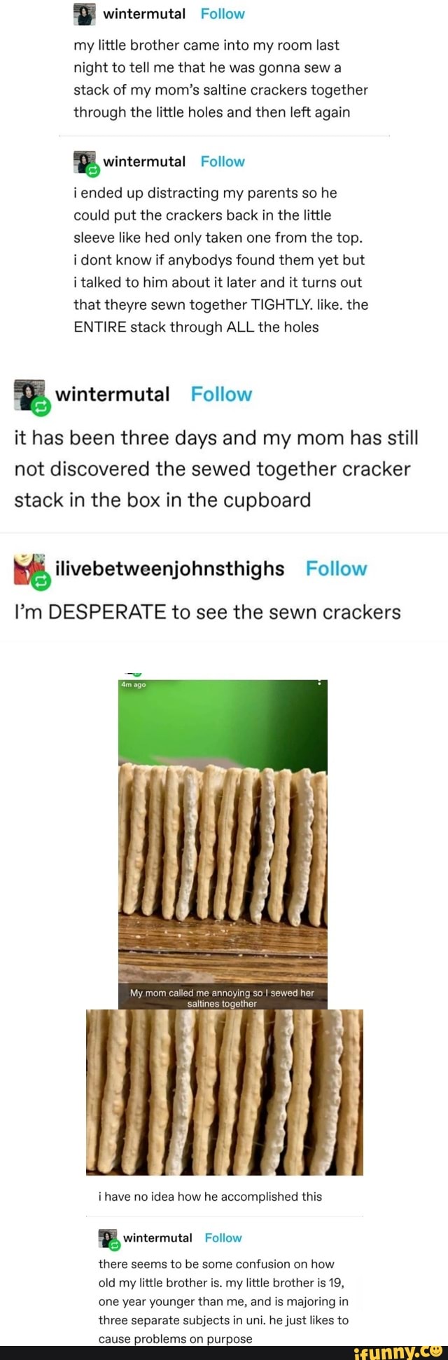 my little brother came into my room last
night to tell me that he was gonna sew a
stack of my mom's saltine crackers together
through the little holes and then left again
a wintermutal Follow
i ended up distracting my parents so he
could put the crackers back in the little
sleeve like hed only taken one from the top.
i dont know if anybodys found them yet but
i talked to him about it later and it turns out
that theyre sewn together TIGHTLY. like. the
ENTIRE stack through ALL the holes wintermutal Follow
it has been three days and my mom has still
not discovered the sewed together cracker
stack in the box in the cupboard
I'm DESPERATE to see the sewn crackers