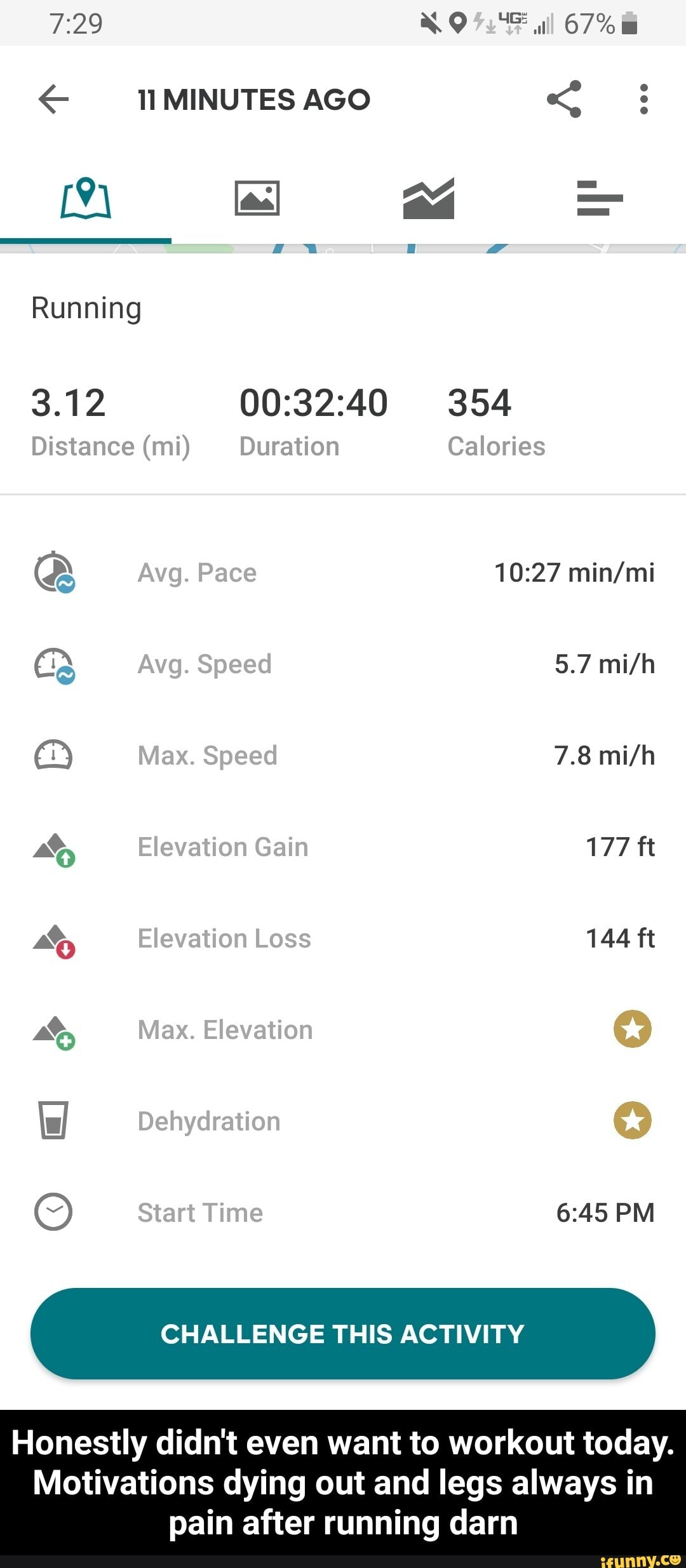 CHALLENGE THIS ACTIVITY
3.12 00:32:40 354 - Honestly didn't even want to workout today. Motivations dying out and legs always in pain after running darn