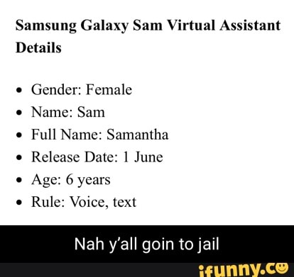 Samsung Galaxy Sam Virtual Assistant Details Gender Female Name Sam Full Name Samantha Release Date June Age 6 Years E Rule Voice Text Nah Y All Gain To Jail