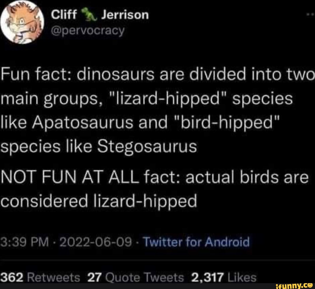 Fun fact: dinosaurs are divided into two main groups, 