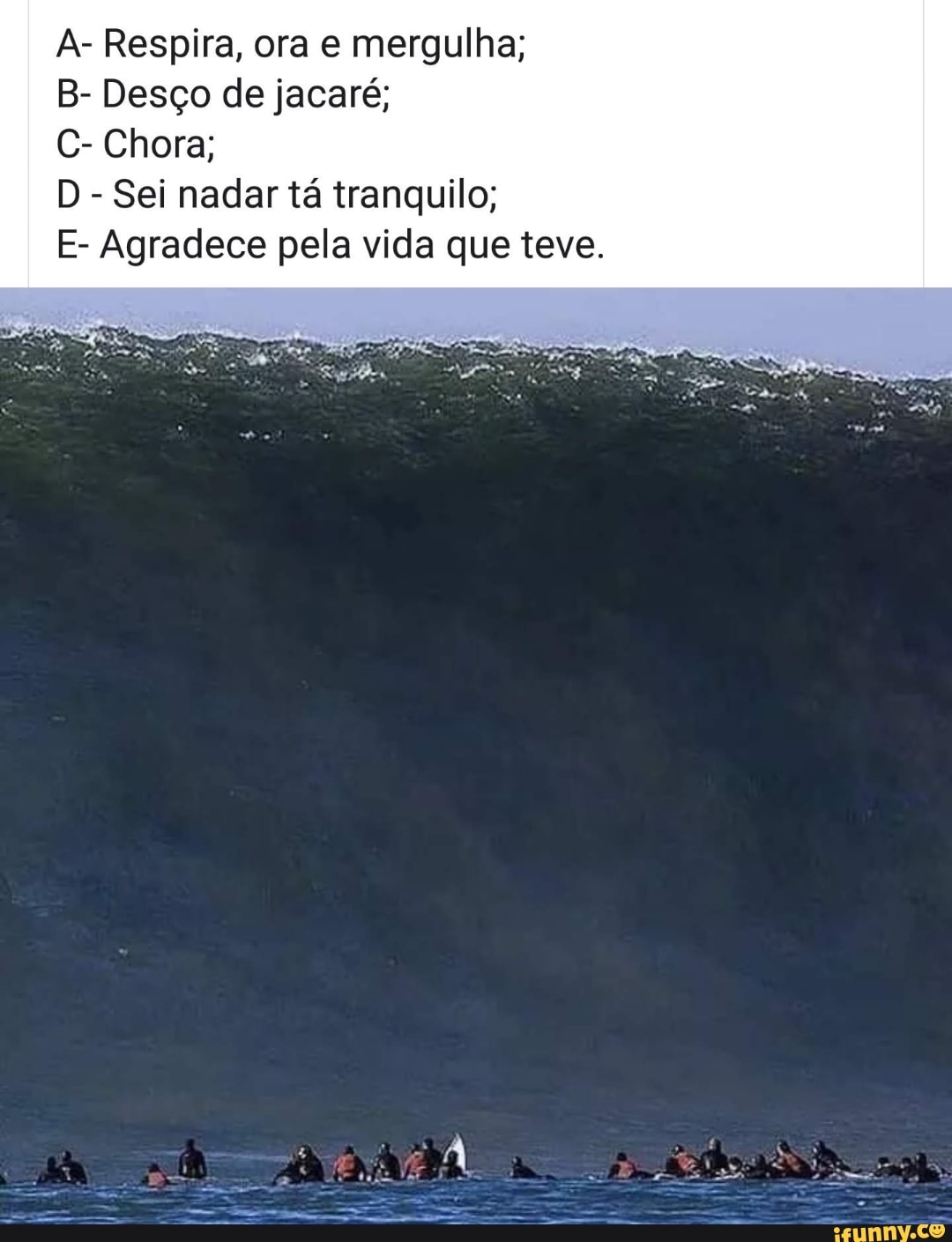 A- Respira, ora e mergulha;
B- Desço de jacaré;
C- Chora;
D - Sei nadar tá tranquilo;
E- Agradece pela vida que teve.
