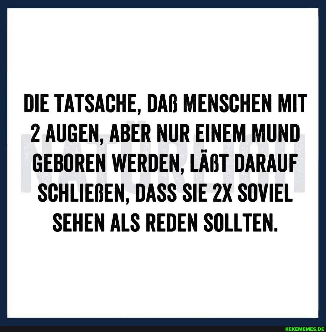 DIE TATSACHE, DAß MENSCHEN MIT
2 AUGEN, ABER NUR EINEM MUND
GEBOREN WERDEN, LABT DARAUF SCHLIEREN, DASS SIE SOVIEL SEHEN ALS REDEN SOLLTEN.