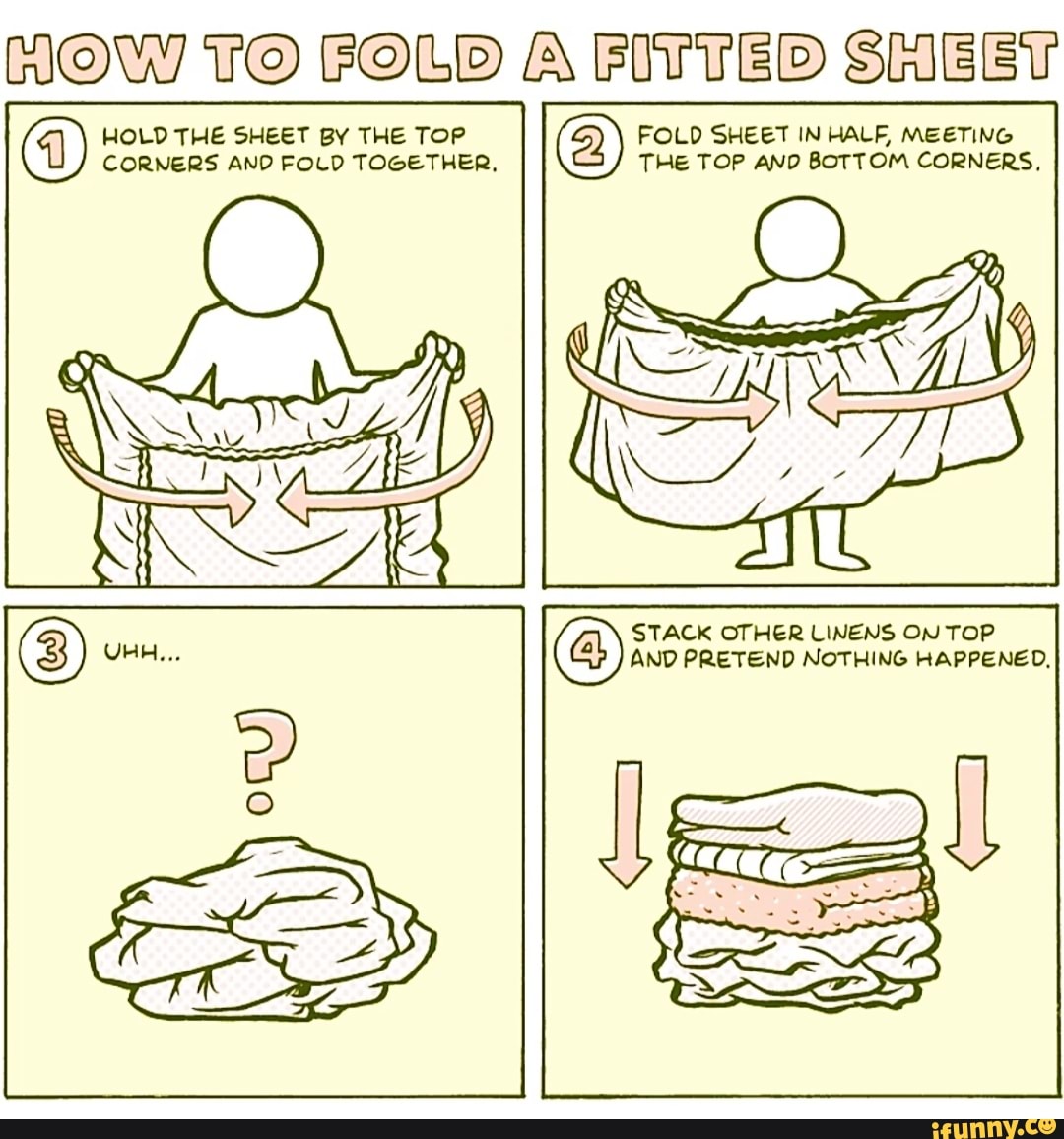 HOW TO FOLD A FITTED SHEET HOLD THE SHEET BY THE TOP FOLD SHEET IN HALF