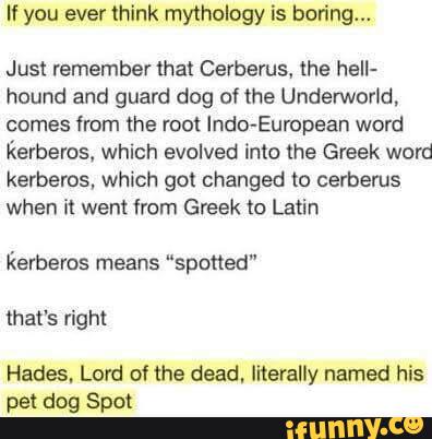 If you ever think mythology is boring...
Just remember that Cerberus, the hell-
hound and guard dog of the Underworld.
comes from the root lndo<European word
Rerberos. which evolved into the Greek word
kerberos, which go! changed to cerberus
when it went from Greek to Latin
Remeras means “spotted"
that's right
Hades. Lord of the dead. literally named his
pet dog Spot
