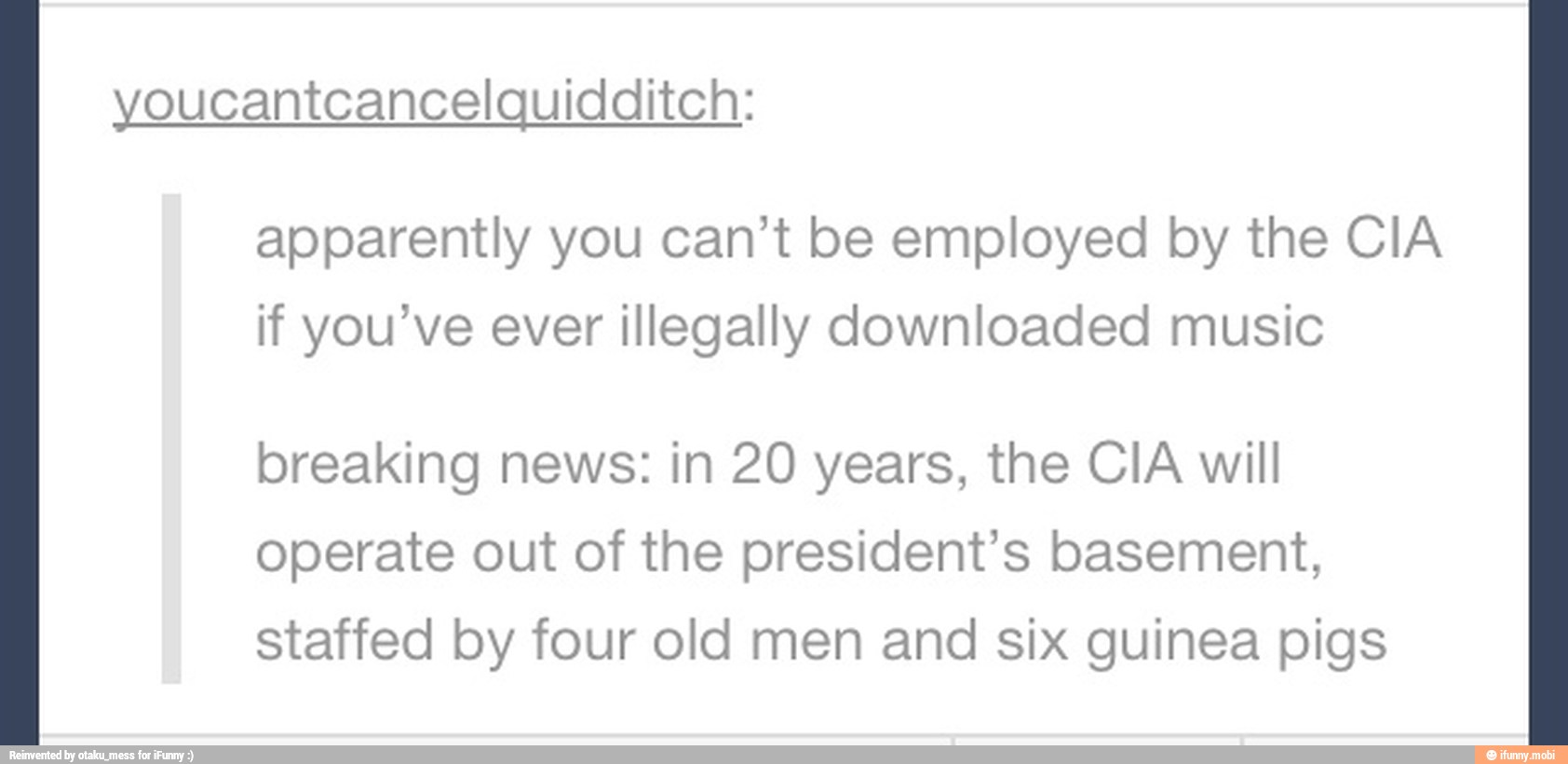 youcantcancelquidditch:
apparently you can't be employed by the CIA
if you've ever illegally downloaded music
breaking news: in 20 years, the CIA will
operate out of the president's basement,
staffed by four old men and six guinea pigs