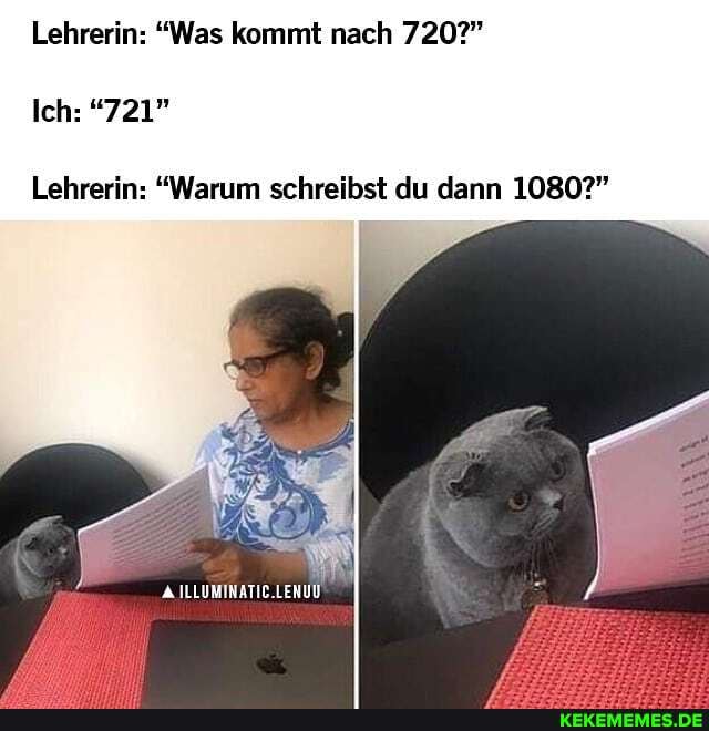 Lehrerin: "Was kommt nach 720?"
Ich: "721"
Lehrerin: "Warum schreibst du dann 1080?"
ILLUMINATIC.LENUU