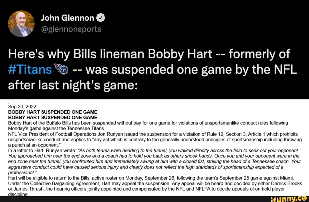 Buffalo Bills OL Bobby Hart suspended one game following post-game