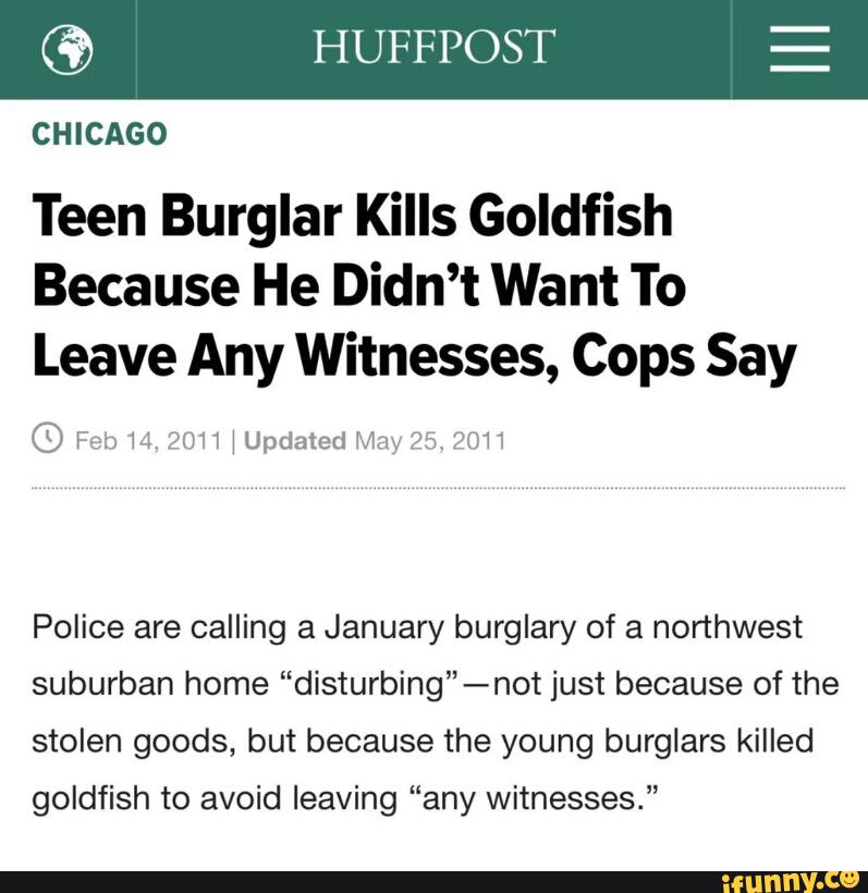 ©
Teen Burglar Kills Goldfish
Because He Didn’t Want To
Leave Any Witnesses, Cops Say
Police are calling a January burglary of a northwest
suburban home ”disturbing”-not just because of the
stolen goods, but because the young burglars killed
goldfish to avoid leaving ”any witnesses.”