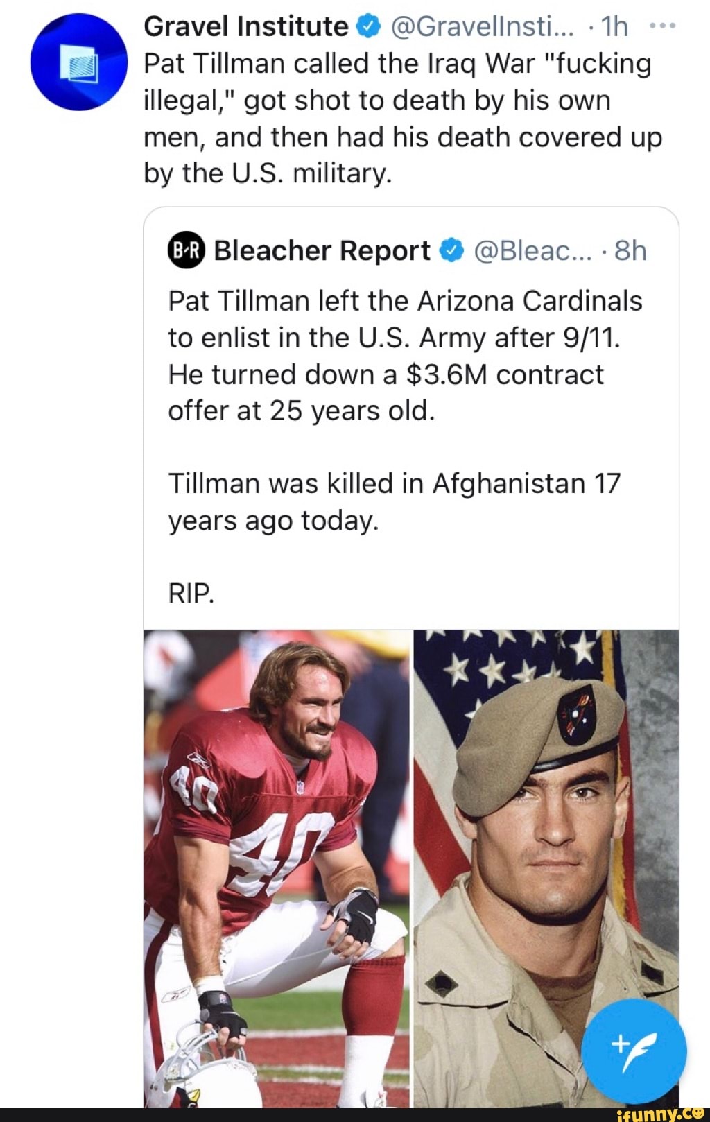Bleacher Report on X: Pat Tillman left the Arizona Cardinals to enlist in  the U.S. Army after 9/11. He turned down a $3.6M contract offer at 25 years  old. Tillman was killed