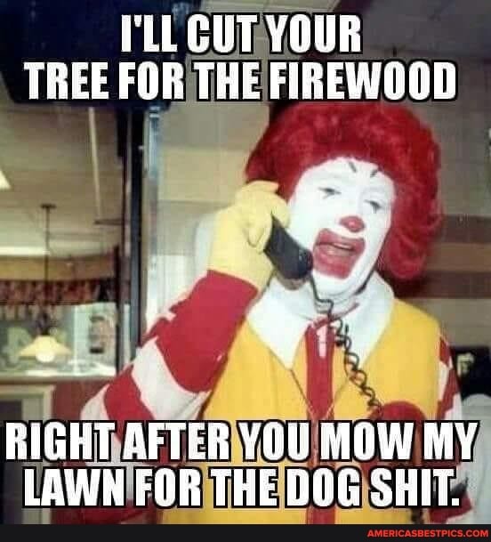 I'LL CUT YOUR TREE FOR THE FIREWOOD
RIGHT AFTER YOU MOW MY LAWN FOR THE DOG SHIT.