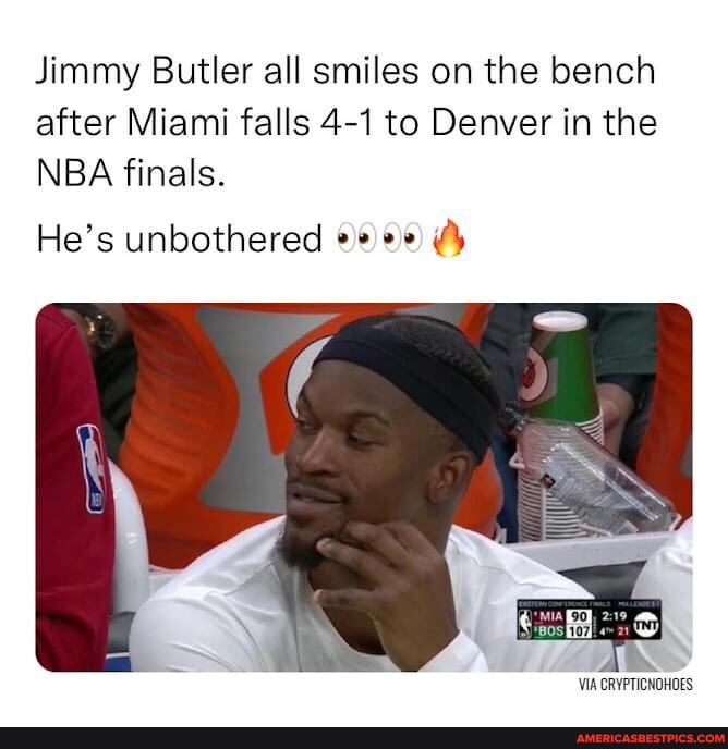 Jimmy Butler all smiles on the bench after Miami falls 4-1 to Denver in