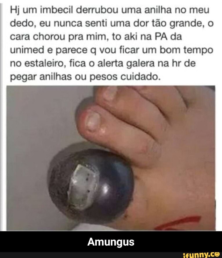 Hj um imbecil derrubou uma anilha no meu dedo, eu nunca senti uma dor tão grande, o cara chorou pra mim, to aki na PA da
unimed e parece q vou ficar um bom tempo no estaleiro, fica alerta galera na lr de pegar anilhas ou pesos cuidado.
Amungus - Amungus