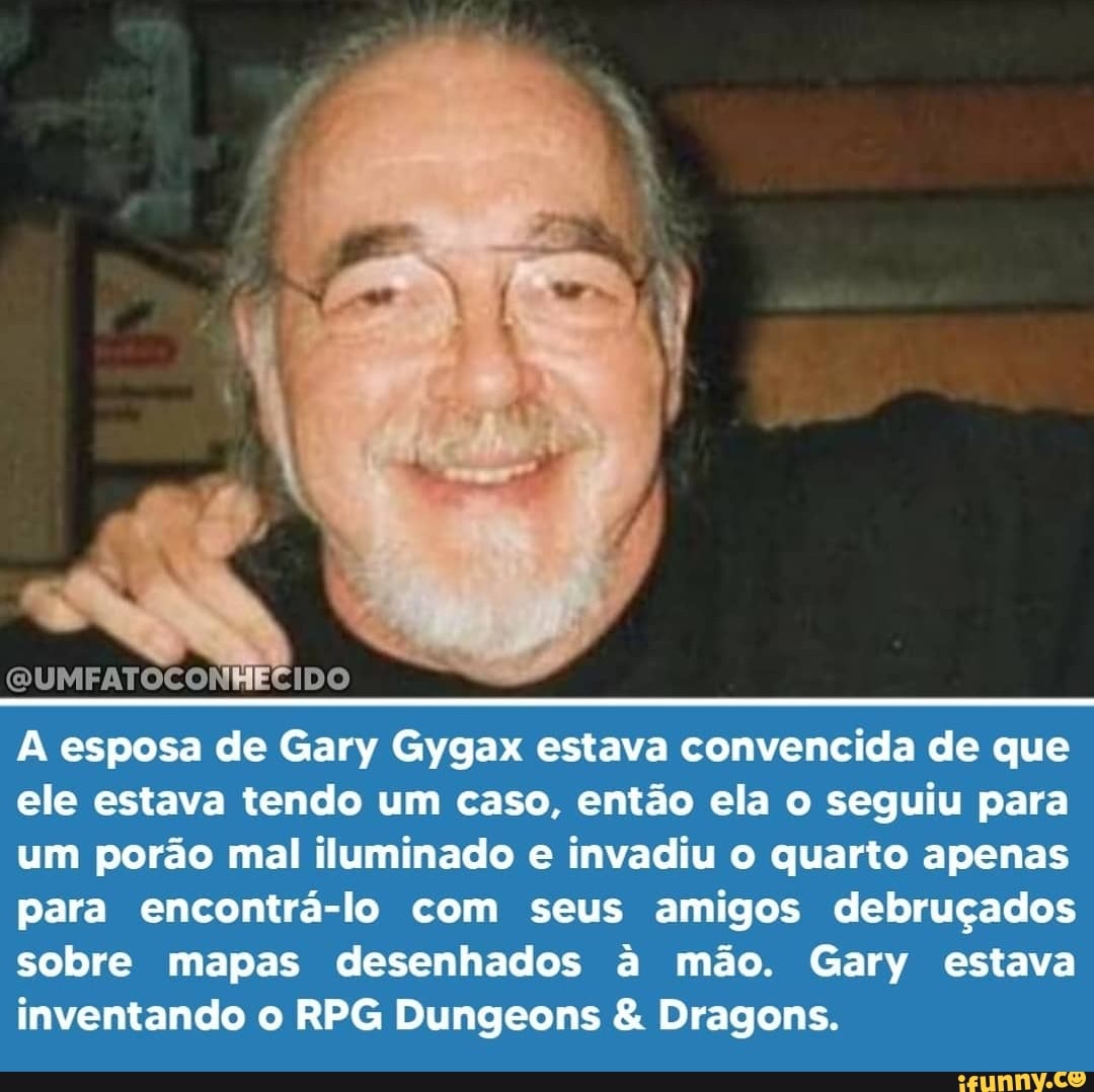IDO
A esposa de Gary Gygax estava convencida de que ele estava tendo um caso, então ela o seguiu para um porão mal iluminado e invadiu o quarto apenas para encontrá-lo com seus amigos debruçados sobre mapas desenhados a mão. Gary estava inventando o RPG Dungeons & Dragons.