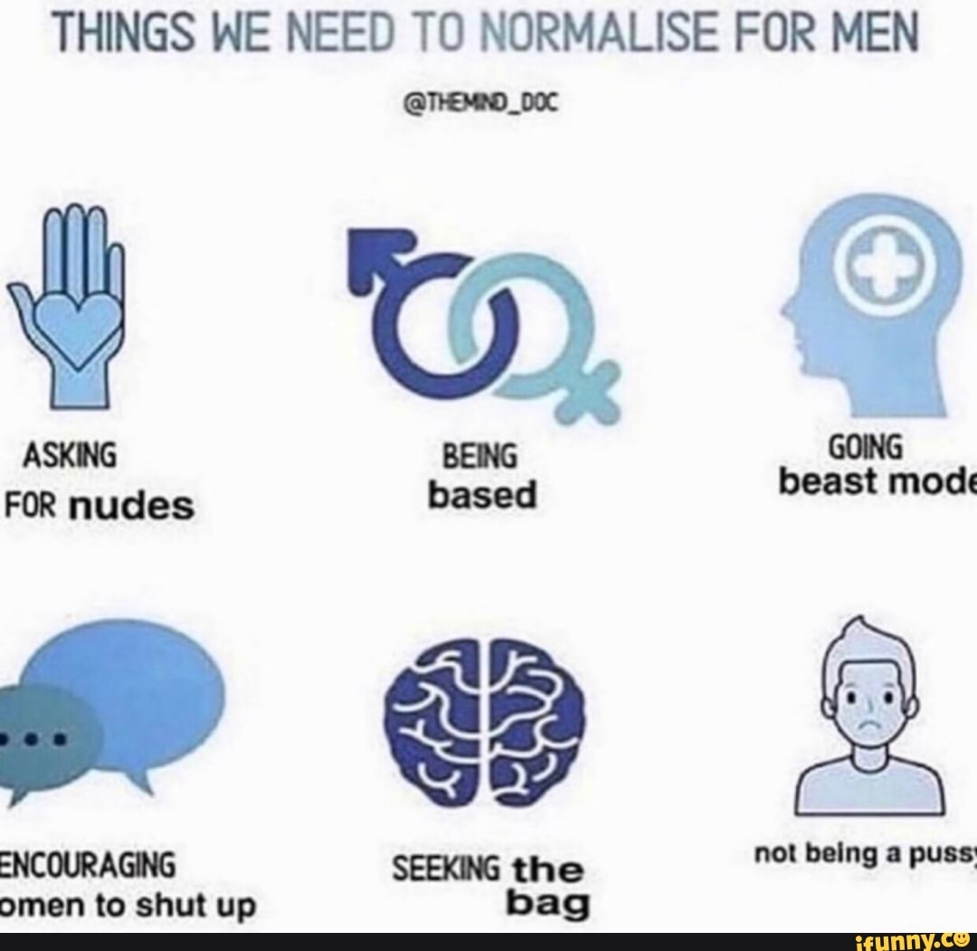 THINGS WE NEED TO NORMALISE FOR MEN
FOR based
beast moek
belng
Al
Che
omen to shut up bag