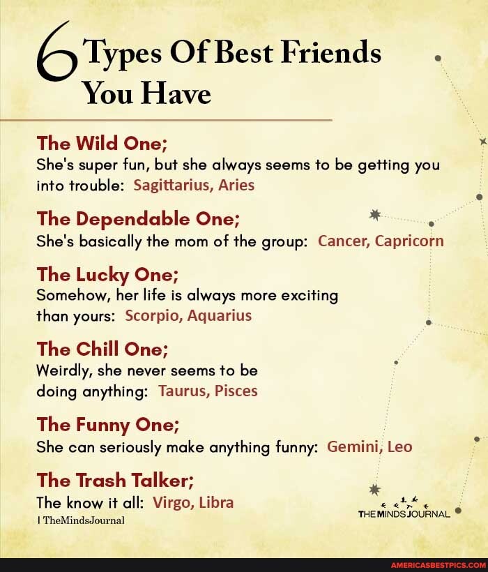 6 Types Of Best Friends You Have - 6 Types Of Best Friend. You Have The  Wild One; She's super fun, but she always seems to be getting you into  trouble: Sagittarius,