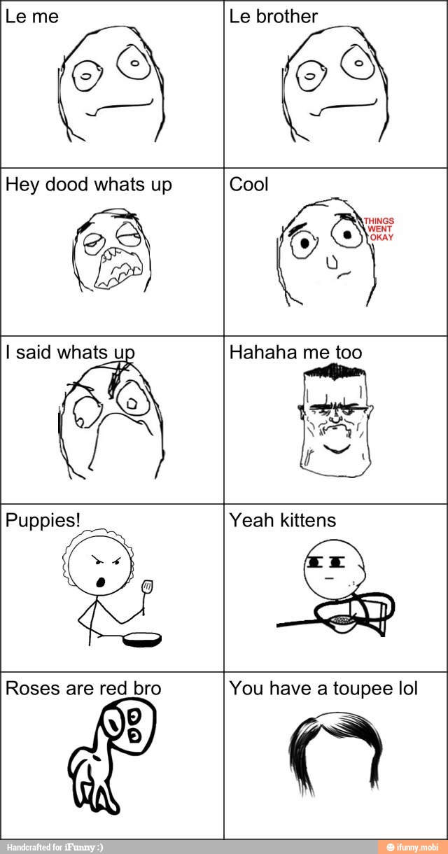 Le me Le brother
Hey dood whats up Cool
Puppies! Yeah kittens
You have a toupee lol