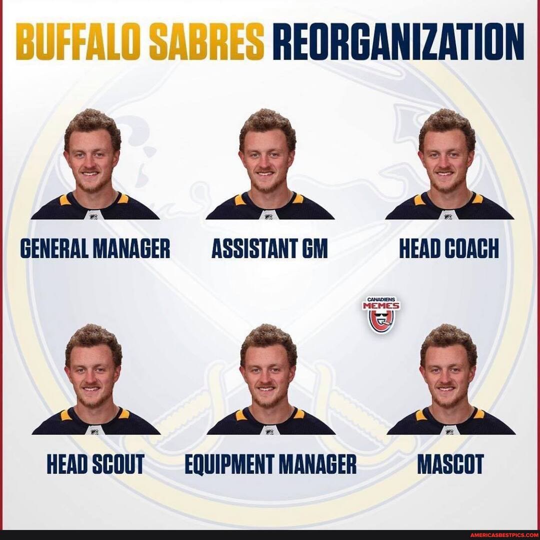 JUFFALO SABRES REORGANIZATION
GENERALMANAGER ASSISTANT GM
HEAD SCOUT EQUIPMENT MANAGER MASCOT
MEMES