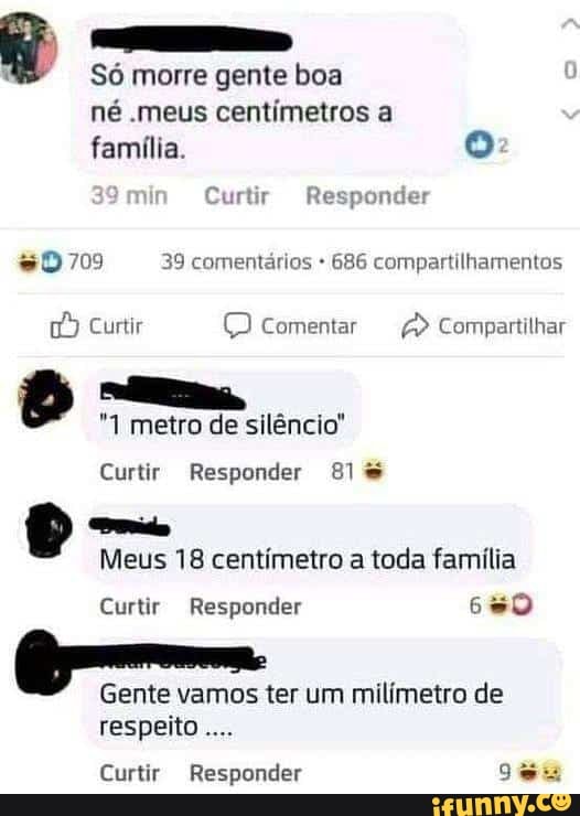 Só morre gente boa né .meus centímetros a família. o:
Curtir Responder
709 39 comentários 686 compartilhamentos
Curtir Q Comentar Compartilhar
metro de silêncio"
Curtir Responder 81%
Serio,
Meus 18 centímetro a toda família
Curtir Responder
Gente vamos ter um milímetro de respeito
Curtir Responder seu
