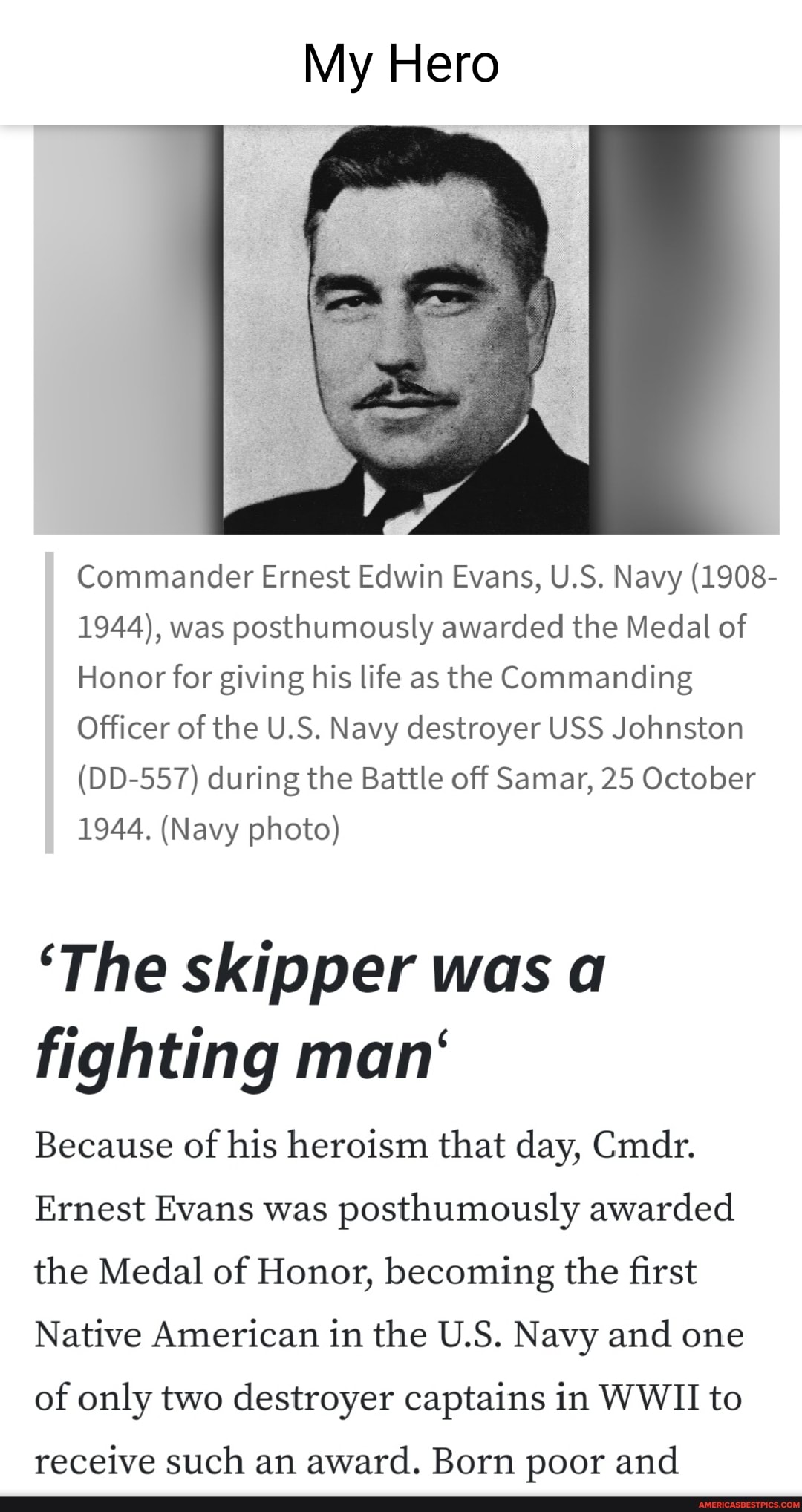 My Hero Commander Ernest Edwin Evans, U.S. Navy (1908- 1944), Was ...