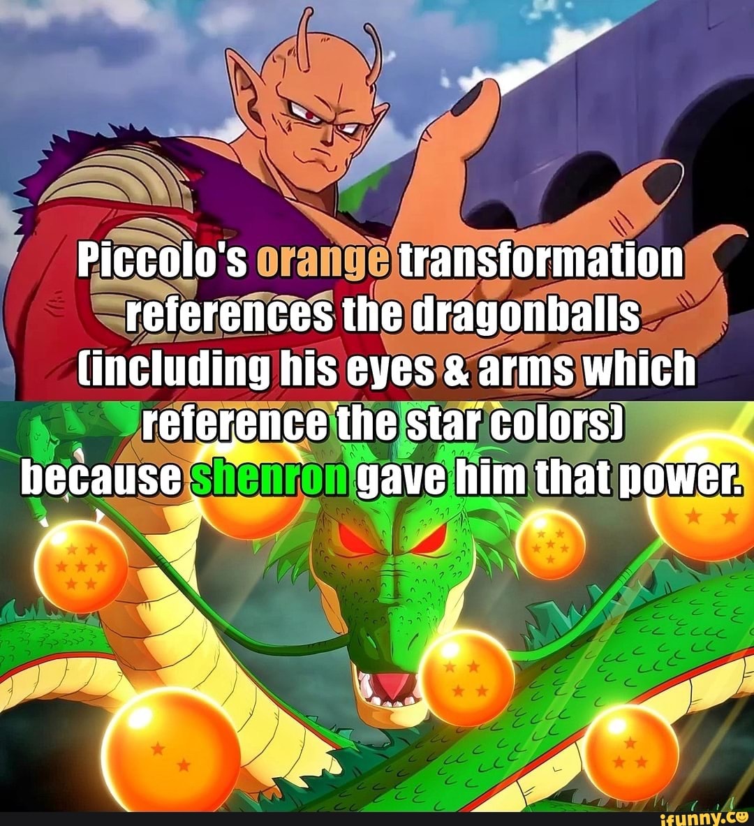 Piccolo's transformation references the dragonballs (including his eyes