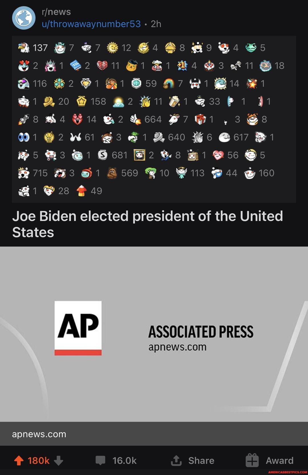 81377 " 86:
@1 Bi 59
158 Bi @33 wo KF I , Ss
@3 640 Wo Bi
> MS Oss wi Sows
GH Bio Ps 44 @ice
49
Joe Biden elected president of the United
States
AP ASSOCIATED PRESS
180k 16.0k Share Award