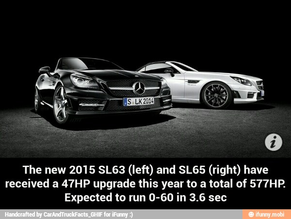 The new 2015 SL63 (left) and SL65 (right) have
received a 47HP upgrade this year to a total of 577HP.
Expected to run 0-60 in 3.6 sec - The new 2015 SL63 (left) and SL65 (right) have received a 47HP upgrade this year to a total of 577HP. Expected to run 0-60 in 3.6 sec