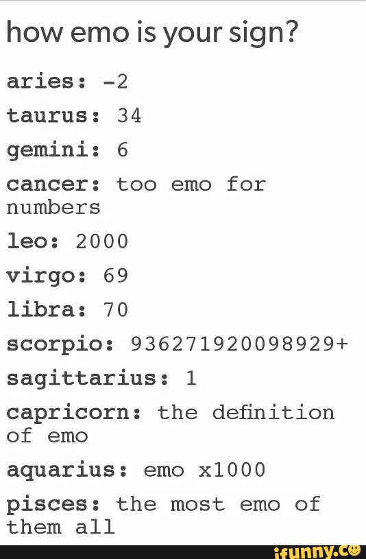 How emo is your sign? aries: -2 taurus: 34 gemini: 6 cancer: too emo ...