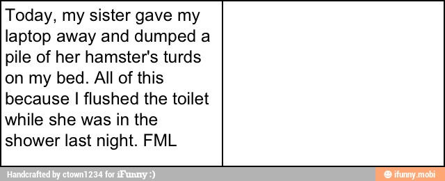 Today, my sister gave my
laptop away and dumped a
pile of her hamster's turds
on my bed. All of this
because I flushed the toilet
while she was in the
shower last night. FML