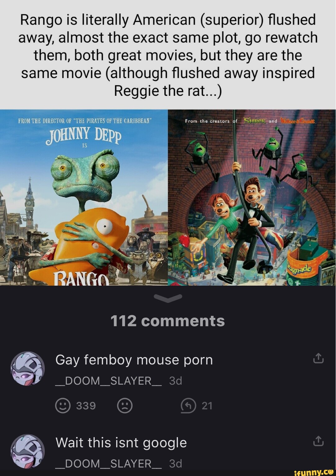 Flushed Away Porn - Rango is literally American (superior) flushed away, almost the exact same  plot, go rewatch them, both