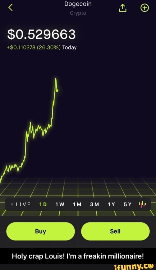 Dogecoin
$0.529663
+$0.110278 (26.30%) Today
SS SSS
SY
10 iv
7 T \
Buy
Holy crap Louis! I'm a freakin millionaire! - Holy crap Louis! I’m a freakin millionaire!