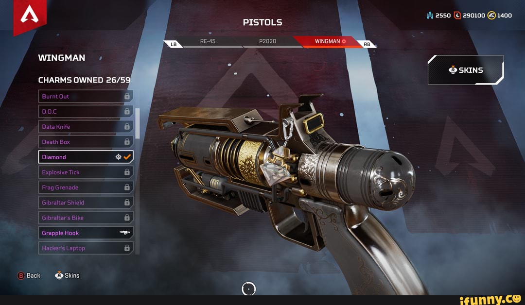 PISTOLS
p2020 WINGMAN
WINGMAN
CHARMS OWNED Burnt Out
D.O.C Data Knife
Death Box
Diamond
Explosive Tick
Frag Grenade
Gibraltar Shield
Gibraltar's Bike
Grapple Hook
Hacker's Laptop
Back Skins