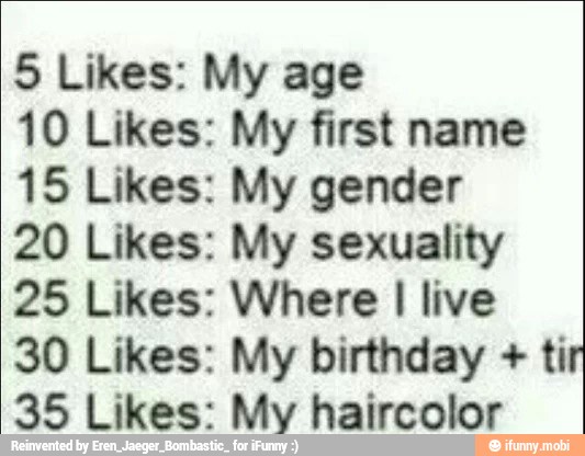 5 Likes: My age
10 Likes: My first name
15 Likes: My gender
20 Likes: My sexuality
25 Likes: Where I live
30 Likes: My birthday ti
35 Likes: My haircolor