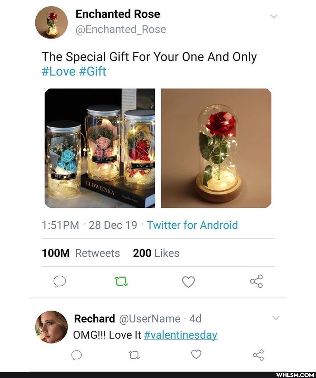 Enchanted Rose
@Enchanted_Rose
The Special Gift For Your One And Only
#Love #Gift
28 Dec 19 Twitter for Android
100M Retweets 200 Likes
Rechard @UserName
OMG!!! Love It #valentinesday