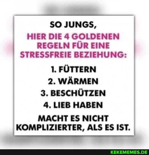 SO JUNGS,
HIER DIE 4 GOLDENEN REGELN FÜR EINE STRESSFREIE BEZIEHUNG:
1. FÜTTERN
2. WÄRMEN
3. BESCHÜTZEN
4. LIEB HABEN
MACHT ES NICHT KOMPLIZIERTER, ALS ES IST.