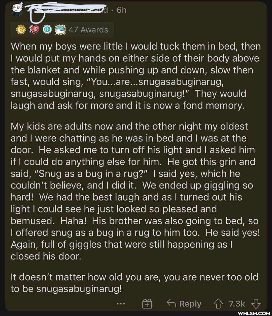 @ it 47 awards
When my boys were little I would tuck them in bed, then
I would put my hands on either side of their body above the blanket and while pushing up and down, slow then fast, would sing, "You...are...snugasabuginarug, snugasabuginarug, snugasabuginarug!" They would laugh and ask for more and it is now a fond memory.
My kids are adults now and the other night my oldest and I were chatting as he was in bed and I was at the door. He asked me to turn off his light and I asked him if I could do anything else for him. He got this grin and said, "Snug as a bug ina rug?" I said yes, which he couldn't believe, and I did it. We ended up giggling so hard! We had the best laugh and as I turned out his light I could see he just looked so pleased and bemused. Haha! His brother was also going to bed, so
I offered snug as a bug in a rug to him too. He said yes!
Again, full of giggles that were still happening as I closed his door.
It doesn't matter how old you are, you are never too old to be snugasabuginarug!
S Reply 7.3k