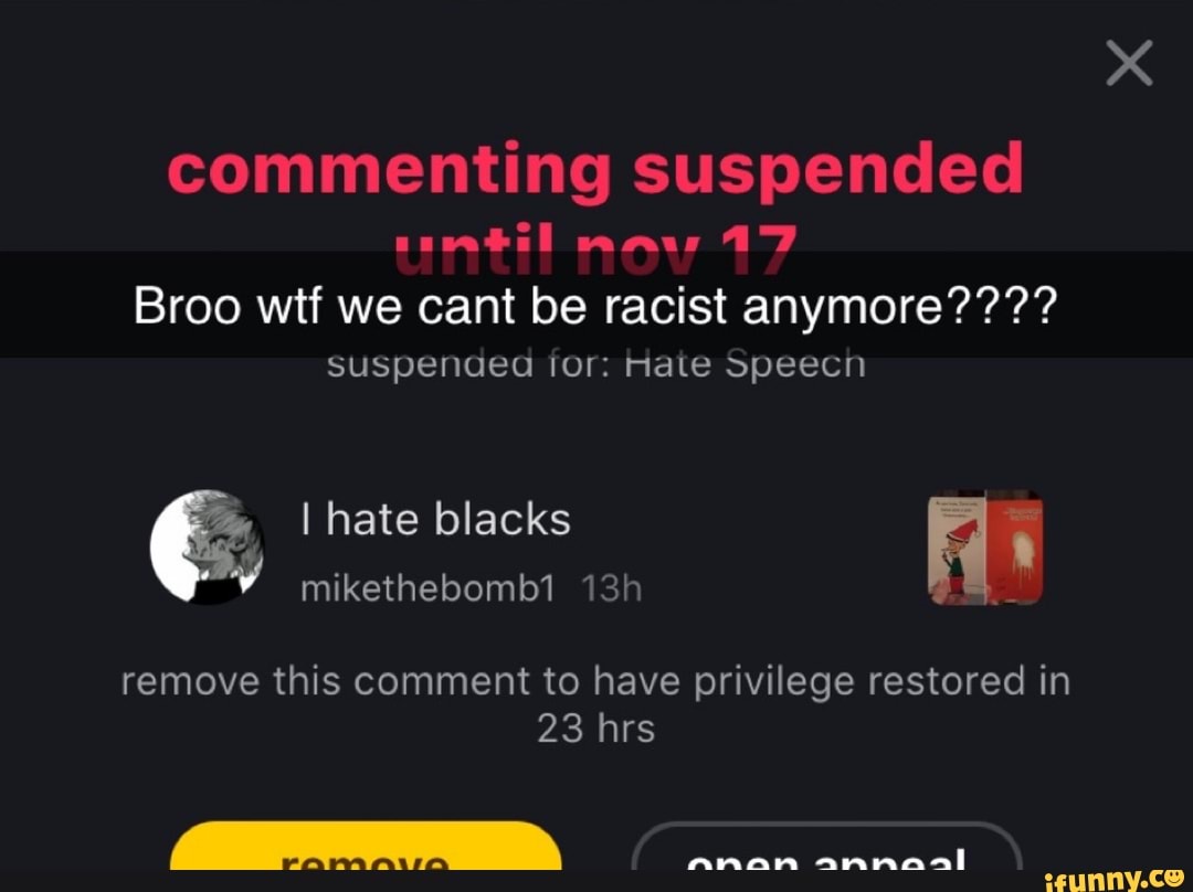 commenting suspended
maw
Broo wtf we cant be racist anymore???? suspenaed for: hate Speech
I hate blacks
mikethebomb1
remove this comment to have privilege restored in
23 hrs