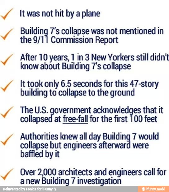a It was not hit by a plane
Building 7's collapse was not mentioned in
the 9/11 Commission Report
After 10 years, 1 in 3 New Yorkers still didn't
know about Building 7's collapse
It took only 6.5 seconds for this 47-story
building to collapse to the ground
The U.S. government acknowledges that it
collapsed at free-fall for the first 100 feet
Authorities knew all day Building 7 would
collapse but engineers afterward were
baffled by it
Over 2,000 architects and engineers call for
anew Building 7 investigation
