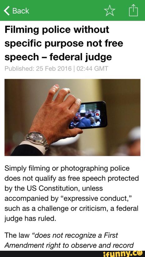 Filming police without specific purpose not free speech - federal judge