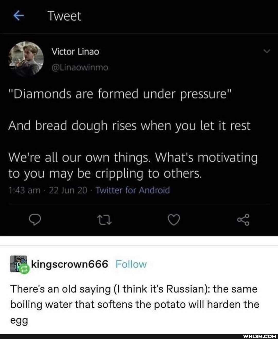 Tweet
Victor Linao
Diamonds are formed under pressure"
And bread dough rises when you let it rest
We're all our own things. What's motivating
to you may be crippling to others.
aim 22 un 20 Twitter for Android
There's an old saying think it's Russian): the same boiling water that softens the potato will harden the egg
