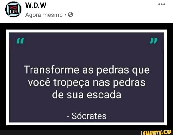 W.D.W
Agora mesmo
Transforme as pedras que você tropeça nas pedras de sua escada
- Sócrates